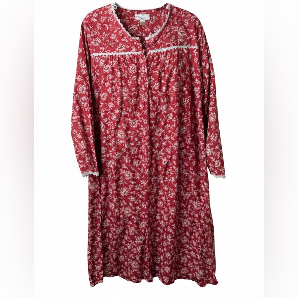 Carroll Reed Red Floral Long Sleeve Nightgown large Lace Trim Cotton Blend